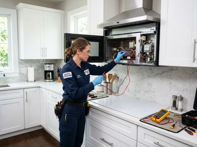 Appliance Repair Hero technician testing an over-the-range microwave in a Berwyn, IL kitchen